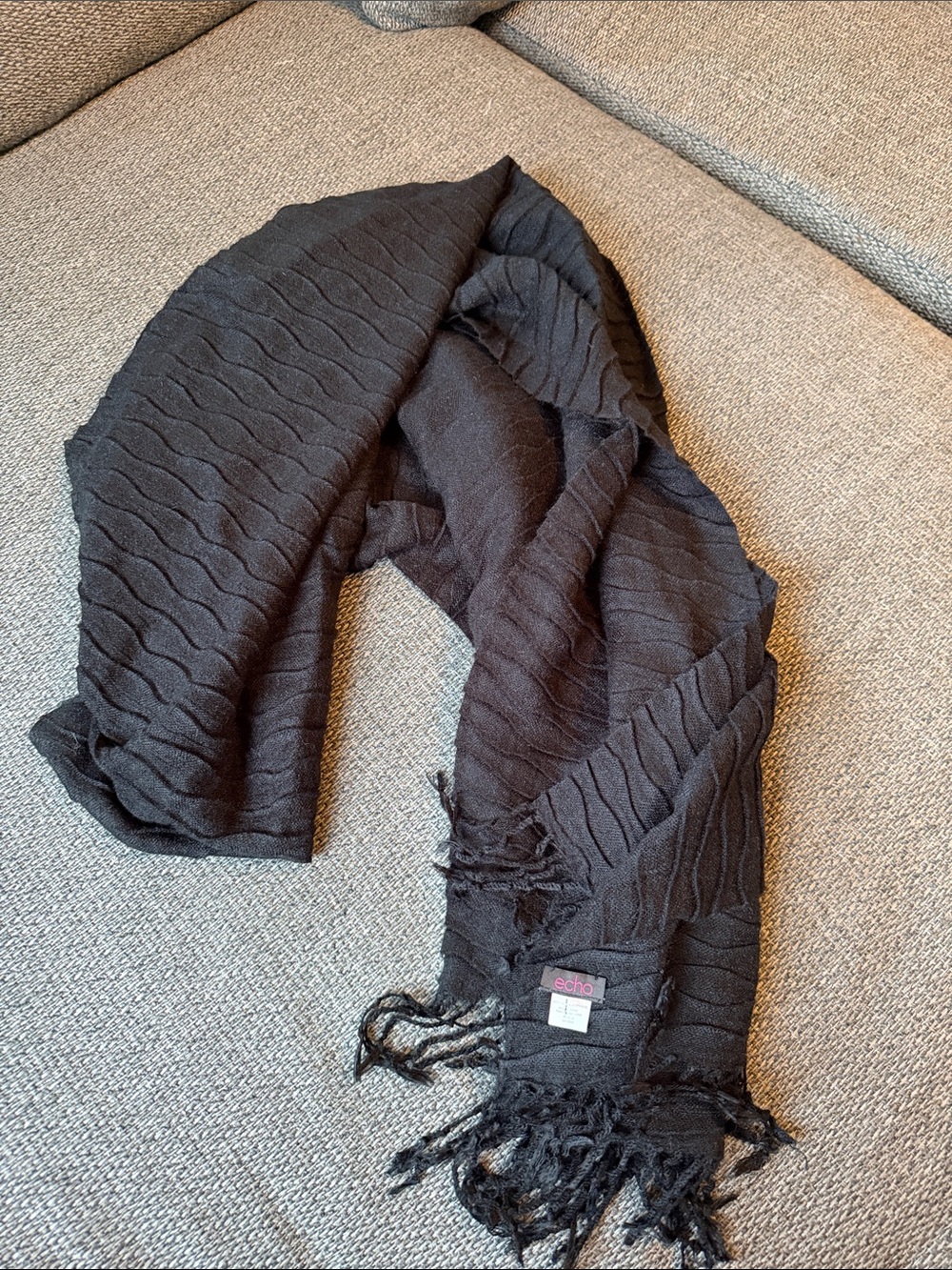 Echo Black Textured Fringe Wrap Scarf